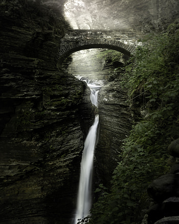 Stone bridge, nature, waterfall HD phone wallpaper