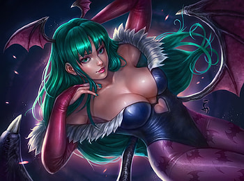 Morrigan, dennyibnu, frumusete, girl, vampire, purple, pink, fantasy, green, luminos HD wallpaper