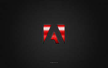 Adobe logo, red shiny logo, Adobe metal emblem, gray carbon fiber texture, Adobe, brands, creative art, Adobe emblem HD wallpaper