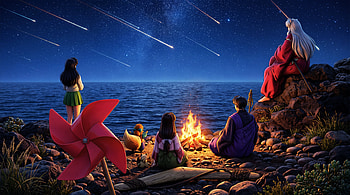 Inuyasha - Kagome Shippou Sango Miroku and Inuyasha campire under the falling stars, Kagome Higurashi, Anime, Campfire HD wallpaper