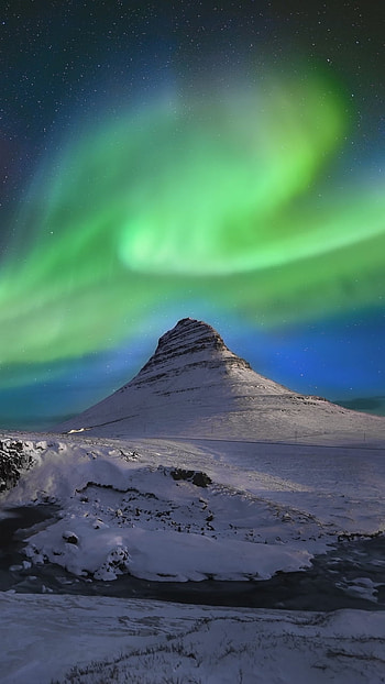 ice, mountain, winter, snow, light, sky, night, nature, aurora borealis, winter night, Snowy Mountain, night snow HD phone wallpaper