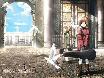 Gunslinger-Girl, birds, plaza, anime, gunslinger girl, cute HD wallpaper
