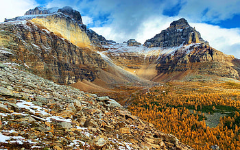 Eiffel Peak, Pinnacle Mountain, Larch Valley, Banff National Park, sky, canada, alberta, peaks, landscape, clouds HD wallpaper