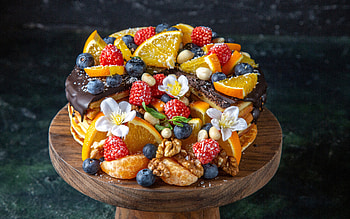 Pancakes, fruit, chocolate, food HD wallpaper