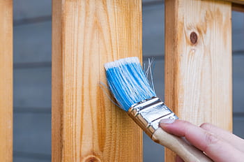 A hand painting a wooden fence plank with a blue paintbrush outdoors. Perfect for DIY and renovation themes. HD wallpaper