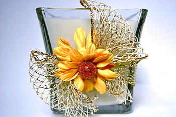 Joyful Home Decor, sunshine, glass jar, entertainment, ribbon, golden mesh, decor, sunflower, fashion, candle, love, yellow, joyful, forever, bow, home HD wallpaper