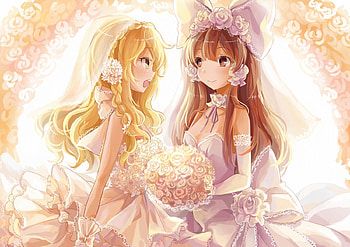 Touhou brides, blond hair, brieds, cute, gloves, long hair, anime, wedding, lights, wedding dresses, brown hair, girls, flowers, blush HD wallpaper
