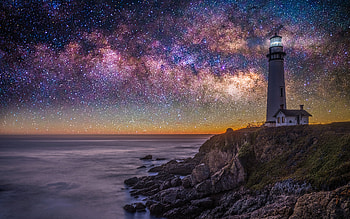 Lighthouse, stars, night sky, sunset HD wallpaper