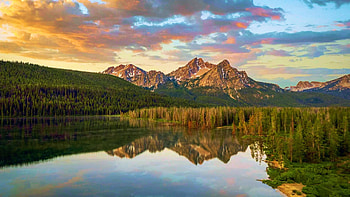 Stanley Lake, Idaho, Sawtooth mountains, reflection, clouds, sky, water, sunset, usa HD wallpaper