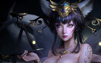 Fox girl, kitsune, gorgeous, wang xiao, girl, fox, black, frumusete, jewel, superb, fantasy, face HD wallpaper