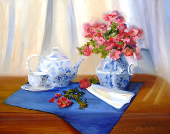 Nostalgia, blue, wooden, table, stems, flowres, doily, cup, tea pot, leaves, pitcher, green, red, napkin, saucer HD wallpaper