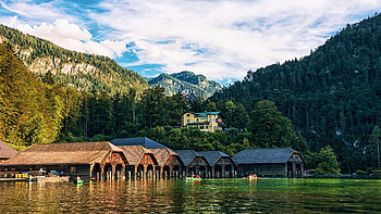Koenigssee Lake, Bavaria, boathouses, trees, clouds, germany, sky, alps, mountains HD wallpaper