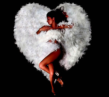 Woman Like An Angel, feather, model, brunette, white heart, woman, female HD wallpaper