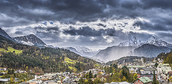Mountains range, sky, clouds, city HD wallpaper