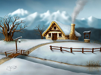 Cottage in Snow, river, winter, path, landscape, tree, artwork, painting, fence, bridge, mountains HD wallpaper