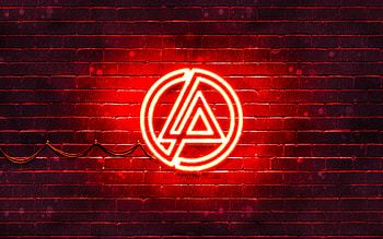 Linkin Park red logo, , music stars, red brickwall, Linkin Park logo, brands, Linkin Park neon logo, Linkin Park HD wallpaper