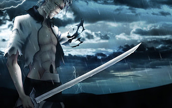 Grimjow, Espada, Bleach, tiger, blue hair, Anime, Sword, hollow, Arrancar, dark sky HD wallpaper