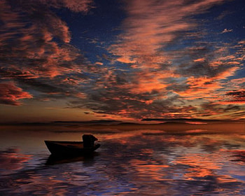 Sunset Reflection, sea, boat, reflection, clouds, sunset HD wallpaper