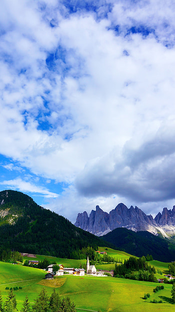 Nature, Trees, Grass, Mountains, Clouds, Village, Mountain Range, Massif HD phone wallpaper