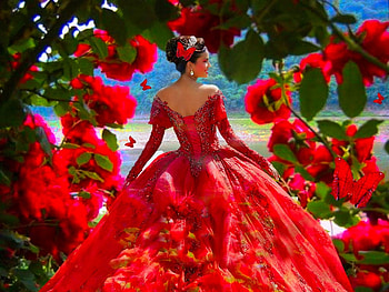 Delicate Red 3, girl, gown, colorful, blue, white, vibrant, butterflies, vivid, green, red, bright, bold HD wallpaper