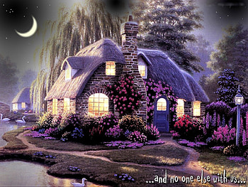lovers cottage, night, cottage, moon, house HD wallpaper