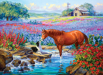 The Touch of Friendship, field, dog, horse, barn, creek, painting, flowers HD wallpaper