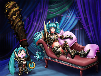 Armoured Miku, blue, awesome, cute, vocaloid, beauty, nice, captain, miku, chibi, brown, vocaloids, hatsune, chibi miku, curtains, horns, hatsune miku, armour, twintail, blue hair, beautiful, pink, anime, pretty, cool, weapon HD wallpaper