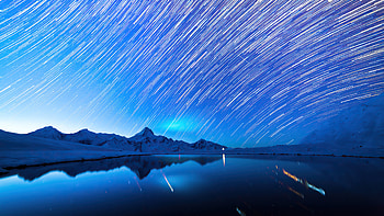 Star Trails Snow Mountains , trails, stars, long-exposure, mountains, snow, nature, lake HD wallpaper