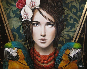 :), bird, art, sophie wilkins, girl, fantasy, painting, portrait, pictura, flower, face, orchid, pasari, parrot HD wallpaper