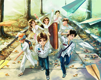 Gone with the Wind, scene, girl, leave, tree, anime girl, anime, boy, group, paper plane, scenic, leaf, friend HD wallpaper