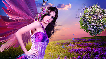 Fairy in Spring, birds, art, eyes, spring, bloom, fairy, fantasy, face, flowers HD wallpaper