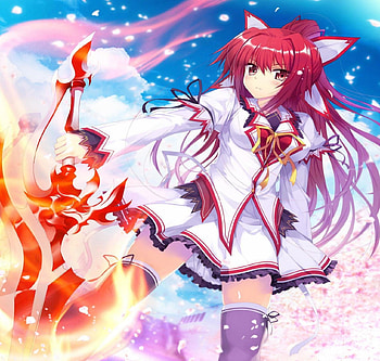 Koiken Otome, sword, seifuku, school uniform, long hair, cg, red, game, girls, fire, warrior HD wallpaper