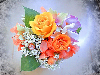 Summer flowers for you, roses, colors, mauve, orange, summer, yellow, red, clouds, flowers HD wallpaper