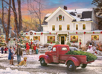 The Inn at Christmas, artwork, dog, painting, car, house, christmas, people, tree HD wallpaper