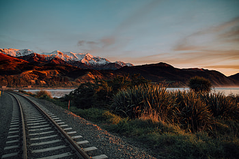 Train Track Ocean Beach Mountain graphy , railroad, graphy, mountains, beach, landscape HD wallpaper