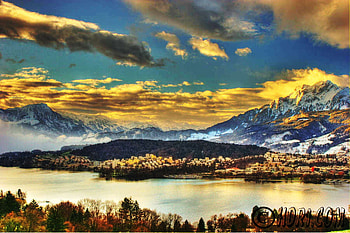 Amber Clouds, town, clouds, trees, autumn, sky, mountains, lake HD wallpaper
