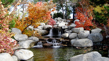 Beautiful autumn stream flowing through a peaceful rock garden surrounded by vibrant foliage. HD wallpaper