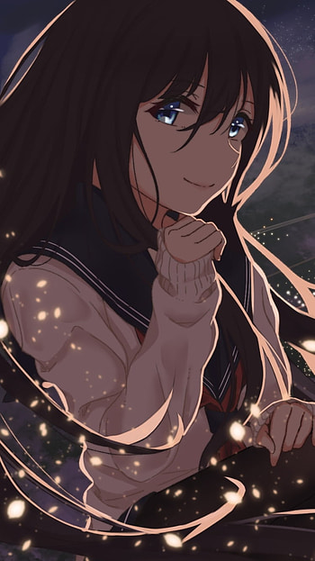 smile, glitter, blue eyes, school uniform, night, long hair, Anime, girl, anime girl, anime night HD phone wallpaper