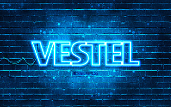 Vestel blue logo, , blue brickwall, Vestel logo, brands, Vestel neon logo, Vestel HD wallpaper