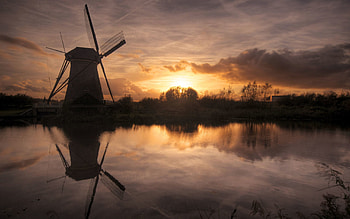 Nature, Sunset, Lake, Evening, Mill HD wallpaper