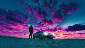 Silhouette With Car Under Dramatic Sky, silhouette, car, sky, purple, clouds, cloud, artist, artwork, art, digital-art, ai HD wallpaper