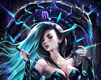 Zodiac Scorpio, blue, black, sakimichan, art, girl, tail, woman, purple, fantasy, zodiac, scorpio HD wallpaper