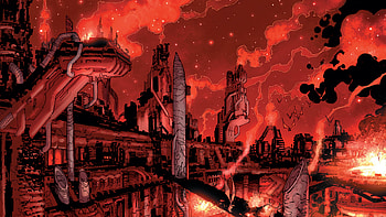 Justice League Comic : Epic Battle in a Fiery Dystopian Cityscape, Comic, Justice League HD wallpaper
