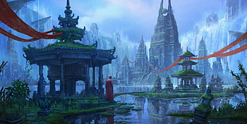 Monk, blue, asian, art, temple, man, fantasy, green, red, game, water HD wallpaper