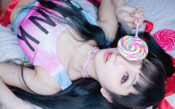 Sweet girl, sweet, pink, model, girlasian, woman, lollipop, candy HD wallpaper