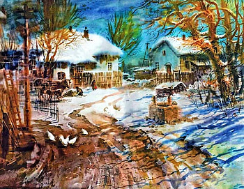 Farm in Winter, artwork, hens, painting, snow, houses, well HD wallpaper