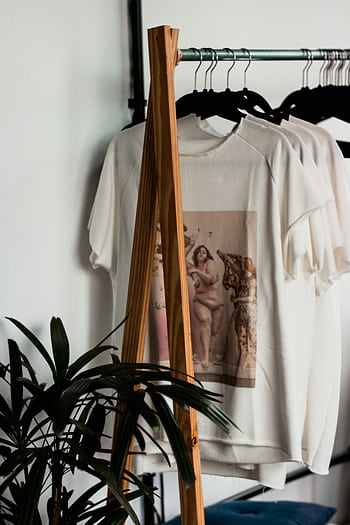 Stylish indoor clothing rack featuring white t-shirts with classical art prints in a minimalist setting. HD phone wallpaper