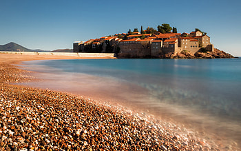 Sveti Stefan, Adriatic coast, Budva, beach, morning, coast, Mediterranean sea, Montenegro HD wallpaper