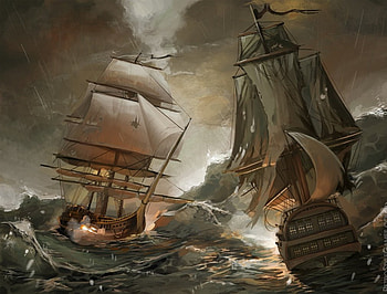 sea battle, sea, ship, pirate, battle HD wallpaper