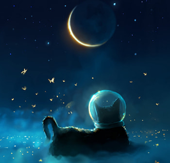 Moongazing, alromeadheen, moon, ahmx, cat, cosmonaut, blue, black, art, stars, astronaut, fantasy HD wallpaper